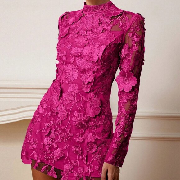 Dresses & Skirts - Hot Pink Elegant Women's Embroidery Floral Embroidered long sleeve Mesh dress